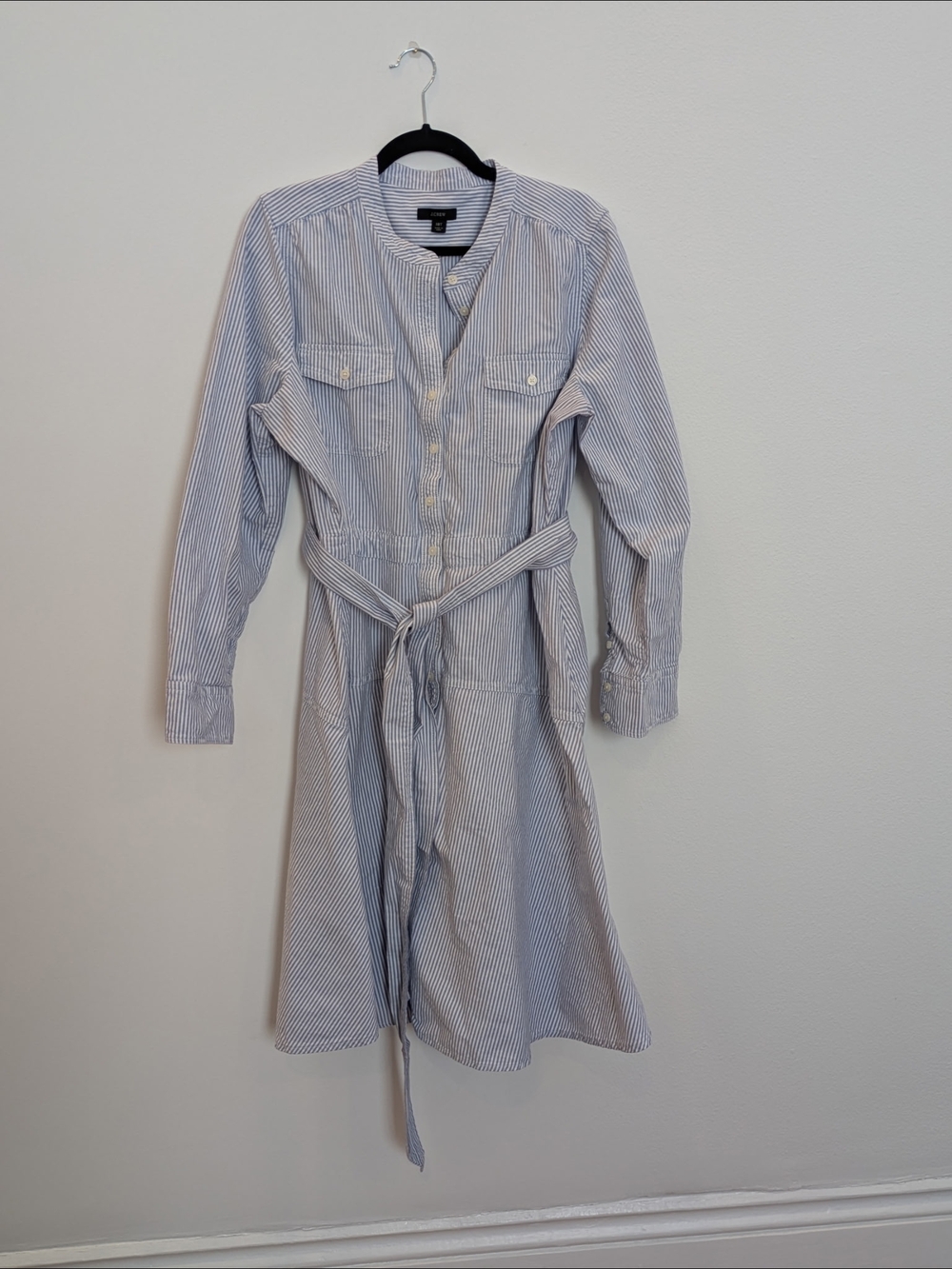 J. Crew Blue and White Striped Long-Sleeve Shirt Dress